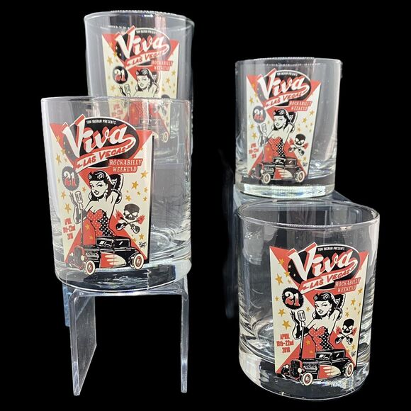 Cocktail Whiskey Glass Tom Ingram Las Vegas Rockabilly Sexy Pin-up Girl Lot of 4 - Picture 3 of 10